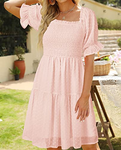 Tecrew Women Swiss Dot Square Neck Flowy Mini Dress Short Sleeve High Waist Swing Dress, Pink, Large #TOP3