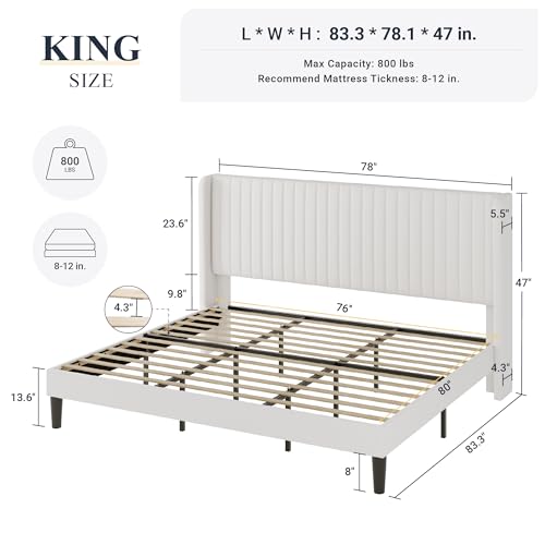 Allewie King Size Velvet Bed Frame/Vertical Channel Tufted Wingback Headboard/Upholstered Platform Bed/No Box Spring Needed/Strong Wooden Slats/Easy Assembly/White