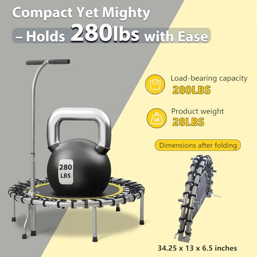 Image of SkyBound Boogie Bounce Elite Foldable Mini Trampoline Fitness Rebounder with Adjustable T-Bar Handle - Exercise Trampoline for Adult - Fitness Trampoline for Workout Trainer