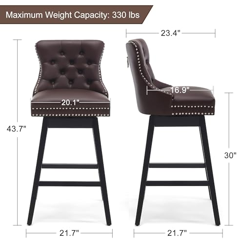 Image of Brown Leather Swivel Bar Stools Set of 3 with Back, 30 Inch Counter Height Chairs, Solid Wood Legs, Tufted Seat, Comfortable for Kitchen, Island, Home Bar (Brown, 30 inch H Seat, Set of 3)
