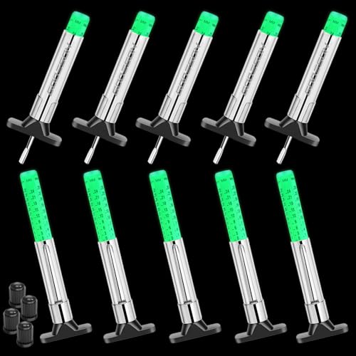 GODESON Paquete de 10 medidores de profundidad de banda de rodadura de neumáticos Glow UK, 6 lados codificados por colores, calibre de profundidad de neumáticos de doble escala Reino Unido (1/32