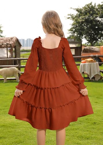 HOZIY Girls Long Sleeve Dress Ruched Smocked Tiered Ruffle A-Line Casual Boho Teen Dresses with Pocket Size 6-16 Years