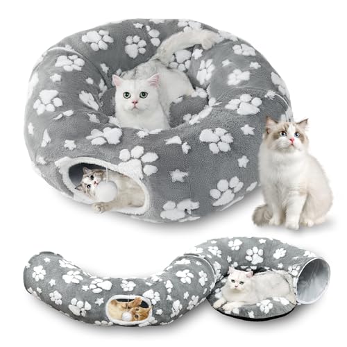 Image of Cat Tunnel for Indoor Cats, Cute Peekaboo Cave with Dangling Balls, Pet Donut Tunnel Bed with Circle Mat for Puppy Kitten Rabbit, Grey