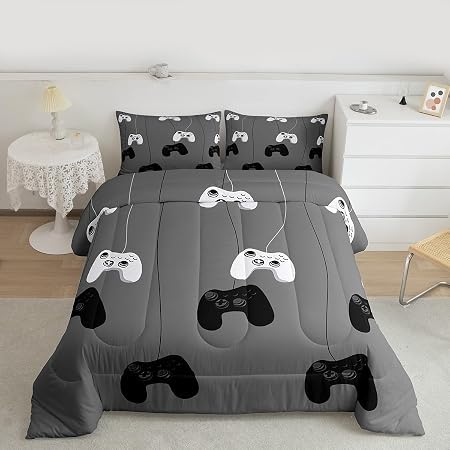 Loussiesd Gaming Duvet for Boys Gamer Duvet Insert, Reversible Geometric Pattern, Teens Kids Video Game Controller Home Decor for All Season Duvet with 1 Pillowsham (Grey, White) Single Size