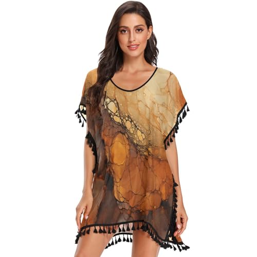 Dark Brown Marble Abstract Art Women's Beach Cover Up Chiffon Tassel Swimwear Swimsuit Coverups for Girl