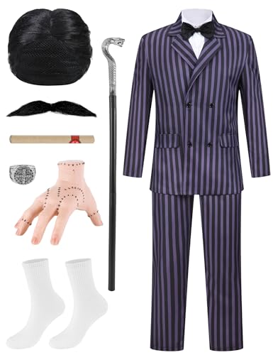 Padama Men Pinstripe Suit Costume Gangster Costumes Deluxe 11Pcs Set Striped Jacket Pants Halloween Cosplay Party Outfit