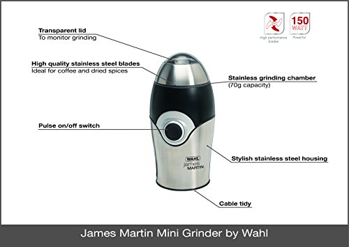 Wahl James Martin ZX595 Mini Grinder, Electric Grinders Ideal for Coffee, Nuts and Spices, Safety Lock-in Lid, Brushed Stainless Steel, 150W, Bullet Design, Corded, Silver, Capacity 70 g