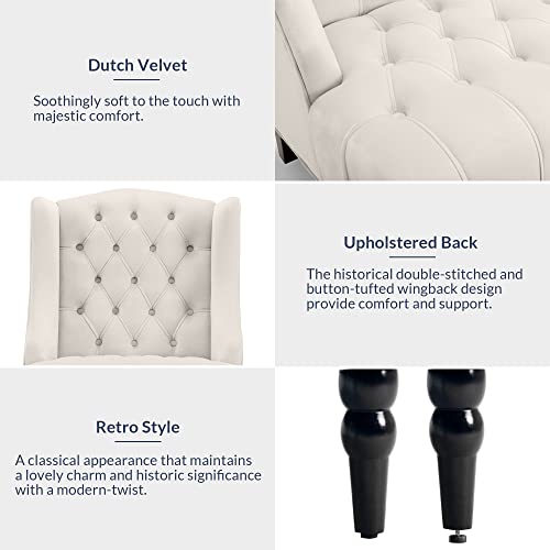 Belleze Modern Wingback Accent Chair, Tufted Velvet Living Room High Back Chair With Thick Padded Cushioned Seats & Wood Legs, Victorian Chesterfield Style - Hyde (Cream) #TOP2