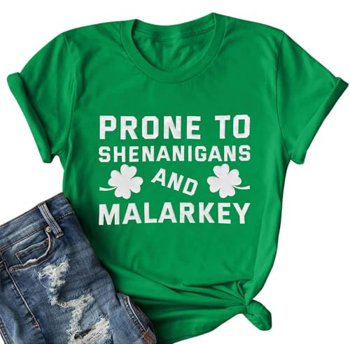 St Patricks Day Shirt Women Prone to Shenanigans and Malarkey Tshirts Shamrock Graphic Tee Tops Green L
