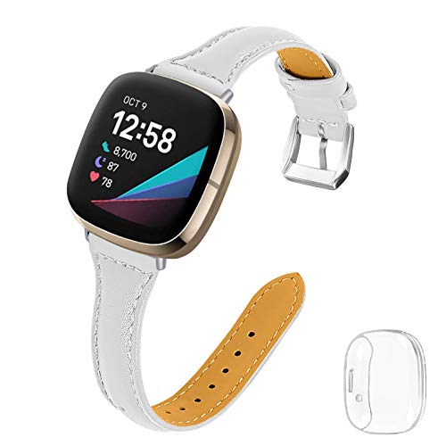 Joyozy Thin Leather Bands with Clear Screen Protector Case Compatible with Fitbit Sense/Fitbit Versa 3,Elegant Chic Wristband Strap Replacement for Women Men White