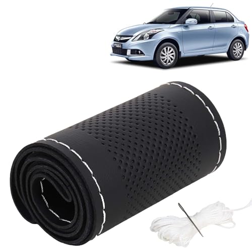 Image of KINGSWAY PU Leatherite Car Steering Cover Sewable Compatible with Maruti Suzuki Swift Dzire (Year 2012-2017), Black Color with Silver Thread, Pack of 1 with Sewing Needle and Thread