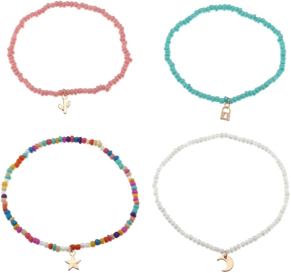 Octwine Bohemia - Tobilleras con cuentas de cristal, multicolor africano, con estrella, luna, con diseño de arco iris, para mujeres y niñas, 4 piezas