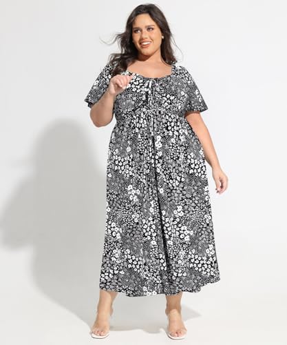 Image of CARCOS Plus Size Dresses for Curvy Women Tie Sweetheart Neck Summer Maxi Dress Short Sleeve Empire Waist Floral Boho Dress