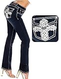 SEXY COUTURE Women's S476-PB Cross Rhinestone Dark Wash Mid Rise Boot Cut Denim Jeans 3-17 - Waist 5 Blue