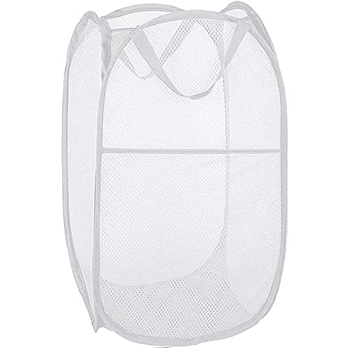 Image of BATTOO Deluxe Strong Mesh Pop up Laundry Hamper Basket with Side Pocket for Laundry Room, Bathroom, Kids Room, College Dorm or Travel White