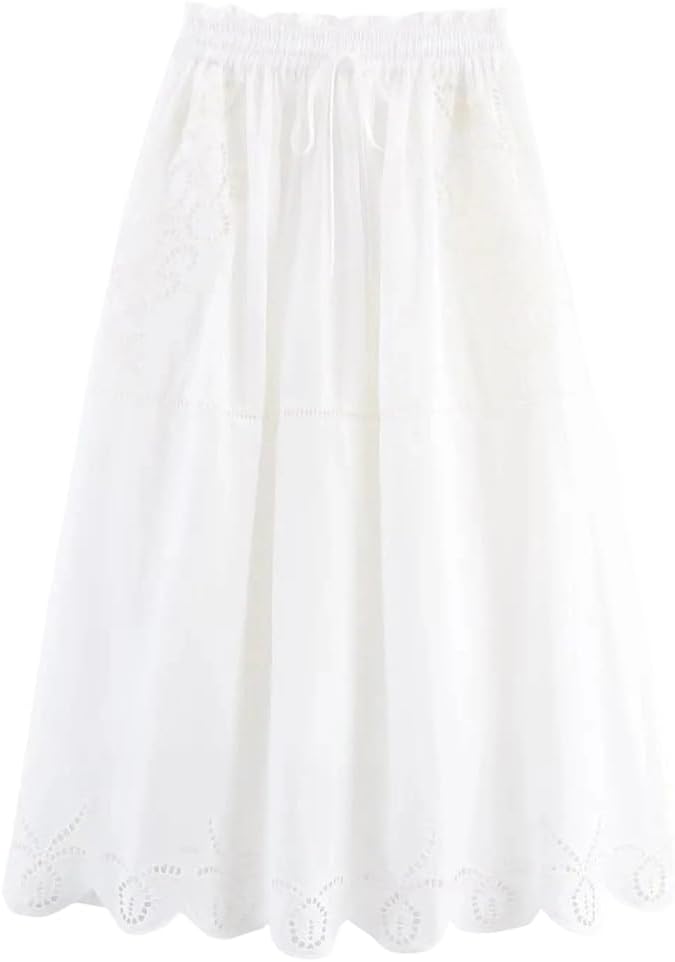 Women's Summer Set Round Collar Lace Up Short Sleeve Embroidery Slim Hollow Solid Long Skirt Set