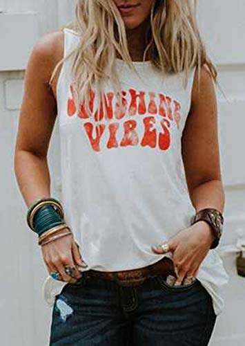 Sunshine Vibes Letter Print Vest T Shirt Women's Summer Sleeveless Graphic Tank Tops Casual Loose Workout Tees (White, Medium) #TOP1
