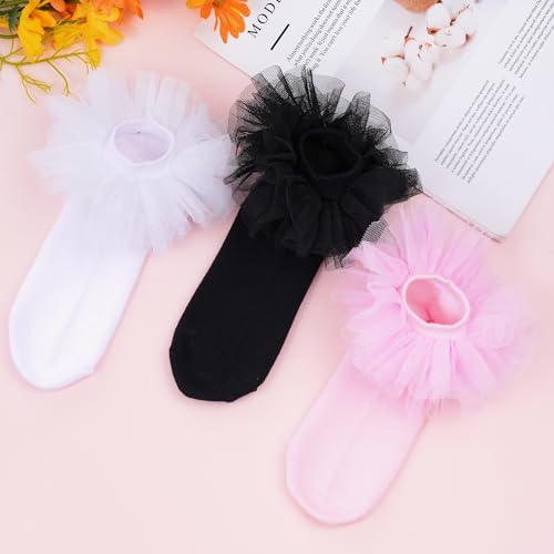 Dxhycc 3 Pairs Girls Ruffle Socks Frilly Ruffle Lace Tutu Socks for Toddler Little Girls Dress and Daily3