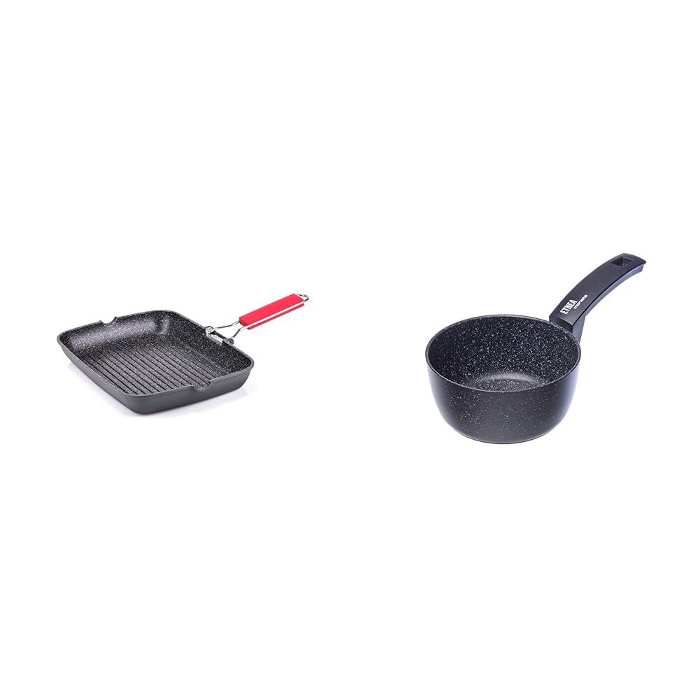 Moneta Bistecchiera 24 x 34 cm Pro Grill con Manico Pieghevole anche per Induzione, antiaderente & Etnea - Casseruola 1 manico 16cm, Effetto pietra, Alluminio forgiato, Made in Italy
