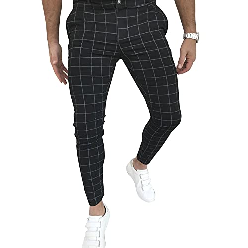 Men's Business Pants Skinny Fit Plaid Flat-Front Stretch Slim Stylish Casual Golf Dress Pants Black #TOP15