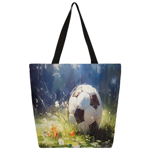 Mularoka Grass Football Watercolour Large Capacity Canvas Tote Bag Stylish Handheld Shoulder Bag Reusable Shopping Bag for Work Travel Beach Trips Shopping