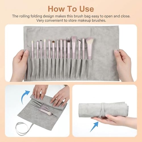 Aufrollen Make up Pinsel Tasche, PU Leder 14 Fächer Pinsel Aufbewahrung Tragbare Reise Make-up-Pinseltasche für Damen Kosmetikpinsel Aufbewahrung (Grau, Pinsel Nicht Enthalten)