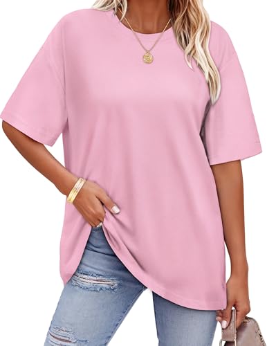 Gosunny Tshirt Damen Sommer Tops Kurzarm Oversize Rundhals Bluse Casual Oberteil (Pink XL)