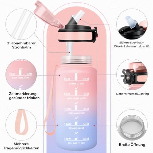 KollyKolla Sportflasche 500ml, Trinkflasche Kohlensäure Geeignet, Auslaufsicher, Trinkflasche mit Zeitmarkierung & Strohhalm… – Ansicht 2