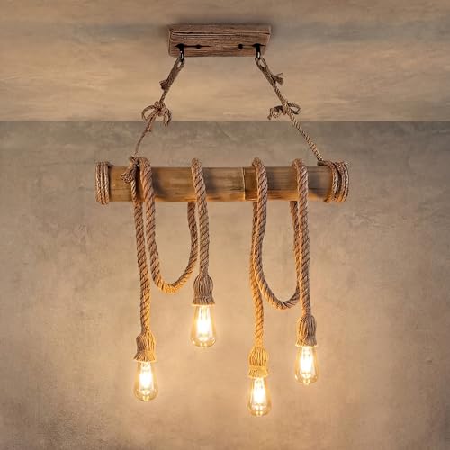 MAKA Lampadario Vintage Retro, Corda di Bambù Naturale, 4x40W Teste E27, Stile Industriale e Rustico - Illuminazione Sospesa Regolabile, Design Unico per Salotto, Camera da Letto, Bar e Ristorante