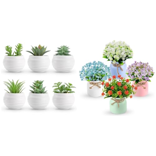 Der Rose Bundle of Set of 6 Succulents Plants and 4 Pack Fake Flowers for Home Kitchen Office Dining Centerpiece Table Decorations