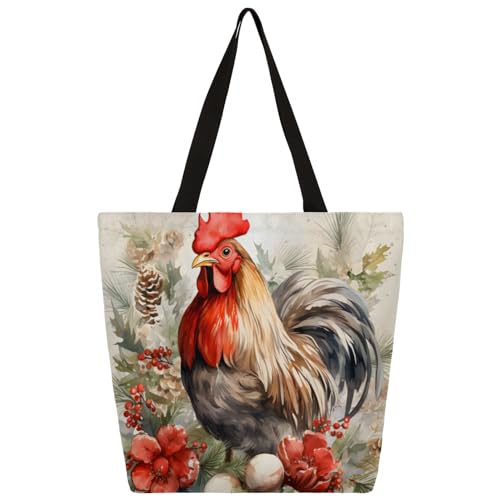 Mularoka Watercolour Berry Flower Rooster Large Capacity Canvas Tote Bag Stylish Handheld Shoulder Bag Reusable Shopping Bag for Work Travel Beach Trips Shopping