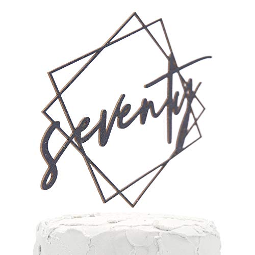NANASUKO 70th Birthday Cake Topper - seventy - with Modern Geometric Frame - Double Sided Black Glitter - Premium Quality Made in USA