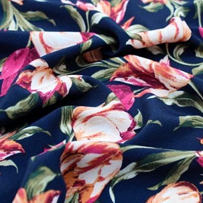 Navy Magenta Cantaloupe Medium Floral Design Printed Poly Moroccan Fabric by The Yard