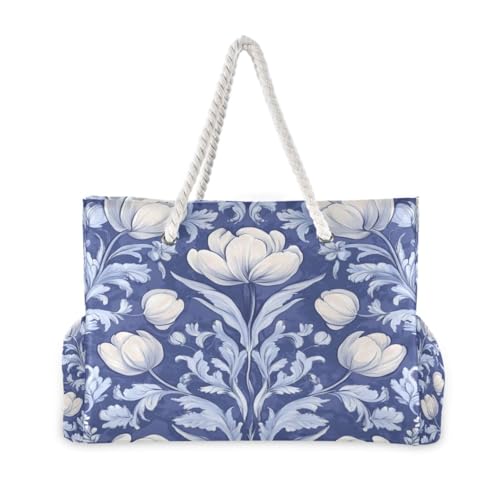 Floral Pattern with Blooming Tulips (1) Beach Bag & Travel Tote Bag Large Sandproof with Zipper Closure, Wet Pouch for Swim Gym Travel, Lightweight Foldable Outdoor Bag2