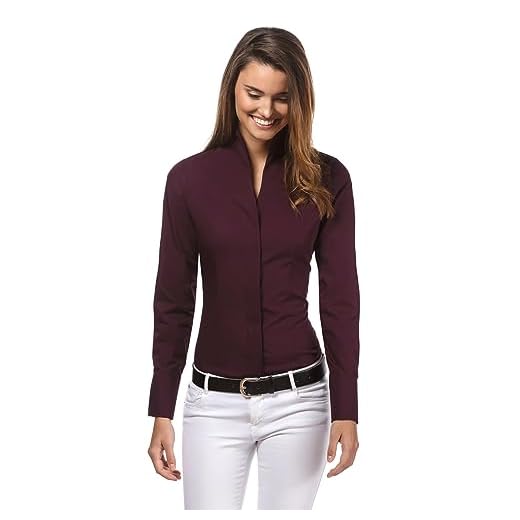 Vincenzo Boretti Damen Bluse mit Kelchkragen leicht tailliert 100% Baumwolle bügelleicht Langarm Hemdbluse mit Stehkragen elegant festlich auch für Business aubergine 38