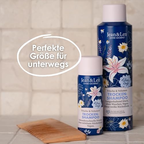 Jean & Len Mini Trockenshampoo Frische & Volumen, kein fettiger Ansatz, keine weißen Rückstände, duftet nach Lilie, für feines Haar ohne Volumen, Reisegröße, ohne Parabene & Silikone, vegan, 50 ml