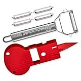 TURBO PRODUKTE Sparschäler Combi Plus Edelstahl inkl. 4 Ersatzklingen – Universalschäler für Obst & Gemüse, beidseitig geschliffen, spülmaschinengeeignet