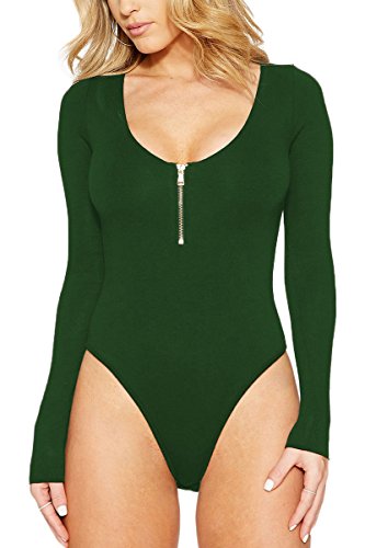 Meyeeka Womens Fitted Soft Leotard Long Sleeve Scoop Neck T Shirt Basic Bodysuit Green