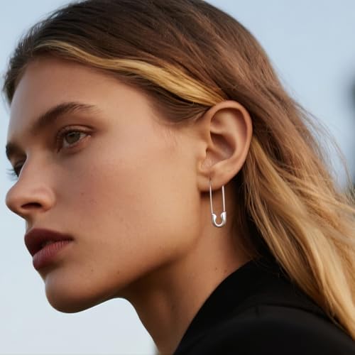 SLUYNZ Solid 925 Sterling Silver Safety Pin Hoop Earrings for Women Minimalist 1.4" Hoop Earrings Dangle3