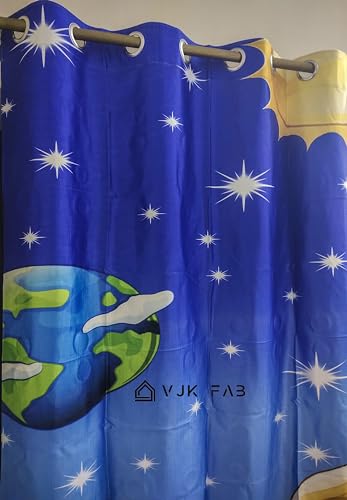 Image of Heavy Fabric 3D Space Design Curtains for Kids Room, School, Kids Care Home, Window, Door, 4x9 feet Long Set of 3 Pc, Blue