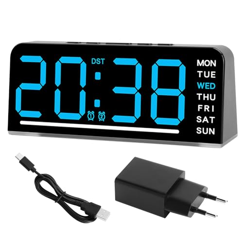 TNSLAND Reloj Despertador Digital LED Doble Alarma, Pantalla Grande con Brillo Ajustable, Puerto USB C y Adaptador Incluido, Visualización Temperatura, Fecha Día, Diseño Moderno Dormitorio y Oficina