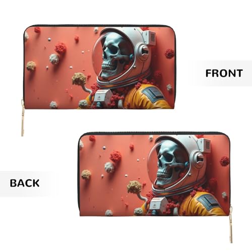 Cool Orange Astronaut Skull Print Wallet Women, Leather Bifold Multi Card Wallet, Long Purse Women's Wallets 7