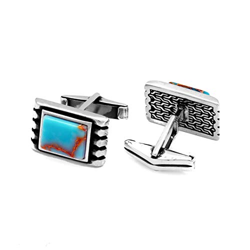 Chicotta Men's Solid Sterling Silver Cufflinks With Rectangle Antique Turquoise Gemstone #TOP1