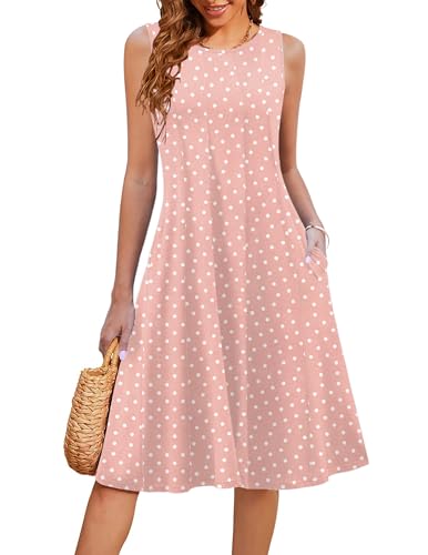 Image of HOTOUCH Summer Casual Dresses for Women Sleeveless Midi Dress Swing Tank Sundress Pleated Tshirt Dress with Pockets