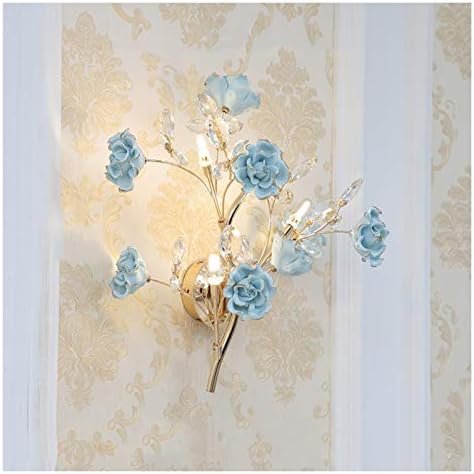 liulishop Wall Sconces Light Luxury Bedroom Bedside Wall Lamp Creative Crystal Ceramic Flower Wall Light Modern Led Wall Sconce for StayirCase Aisle Mirror Living Room Wall Lamp, Blue, 3 heads