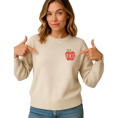 Personalized Teacher Embroidered Sweater, Custom Name Apple Design, Unisex Knit Pullover for Teachers4
