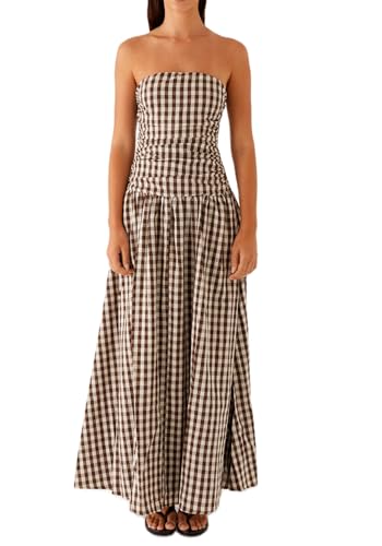 UAURORAO Women Gingham Strapless Maxi Dress Drop Waist Tube Long Dresses Off Shoulder Backless Flowy Cocktail Dress