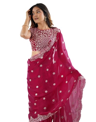 Image of Satrani Women's Shimmer Chiffon Dual Tone Scalloped Border Sequins Embroidery Saree with Unstitched Blouse Piece