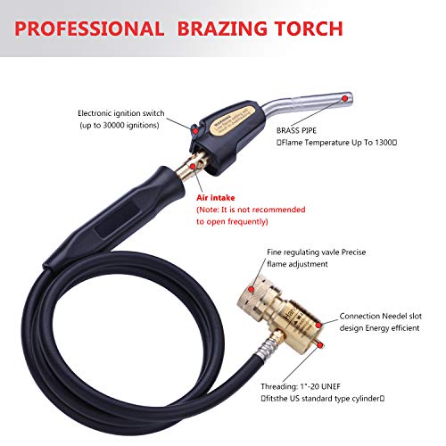Image of Propane Torch Hand Hose, Mapp Gas Torch,Hose Length 1.5 M /60 INCH-With Hook | Powerful Vortex Flame for Brazing Copper Pipes, CGA600 Fuel Compatibility, For HVAC and Plumbing