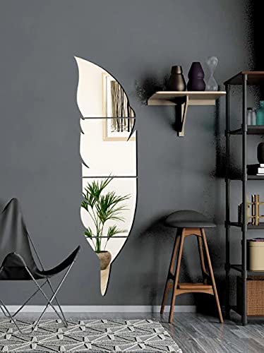 Image of Bikri Kendra - Solid Plume Feather Silver Mirror Stickers For Wall,Wall Mirror Stickers,3D Acrylic Stickers,Wall Stickers For Hall Room,Living Room Bed Room,Kitchen (Silversolid) - Glass,Irregular